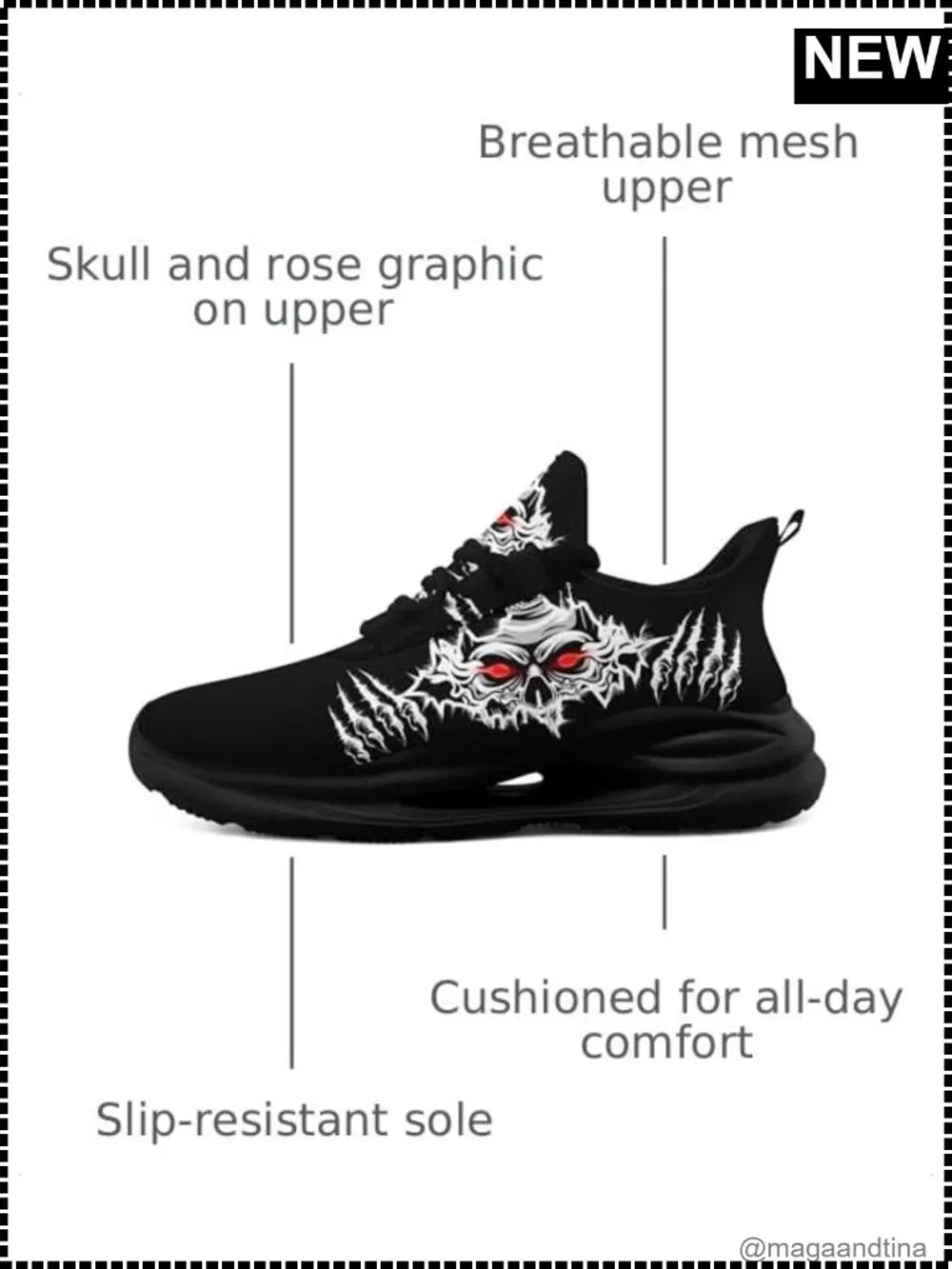 Skull Graphic Running Shoes Lightweight Cushioned Non Slip Breathable Mesh